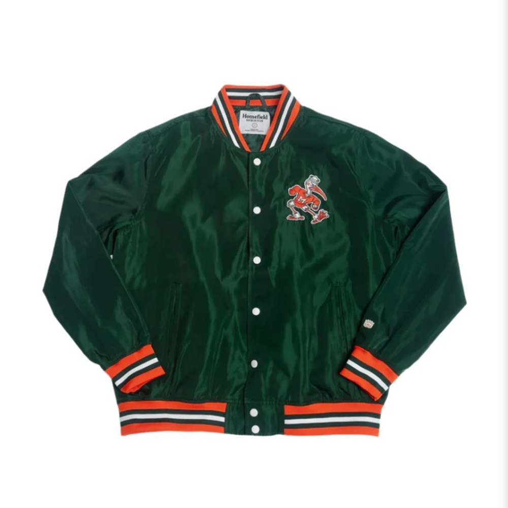 Men's Homefield Green Miami Hurricanes Bomber Jacket with Sebastian the Ibis